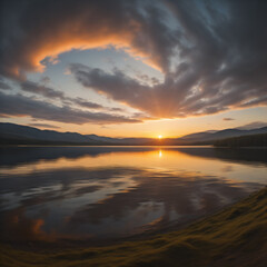 Fototapeta na wymiar Sunset over the lake. Amazing panorama landscape