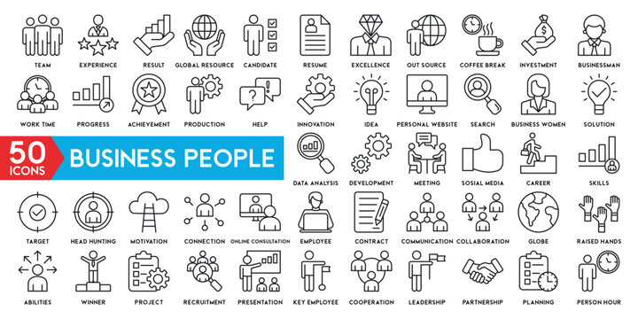 Business People Line Icons Set. Businessman Outline Icons Collection. Teamwork, Human Resources, Meeting, Partnership, Meeting, Work Group, Success, Resume
