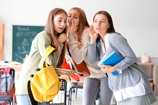 Female students with books gossiping in classroom