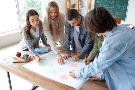 Group of teenage students performing task at table in classroom
