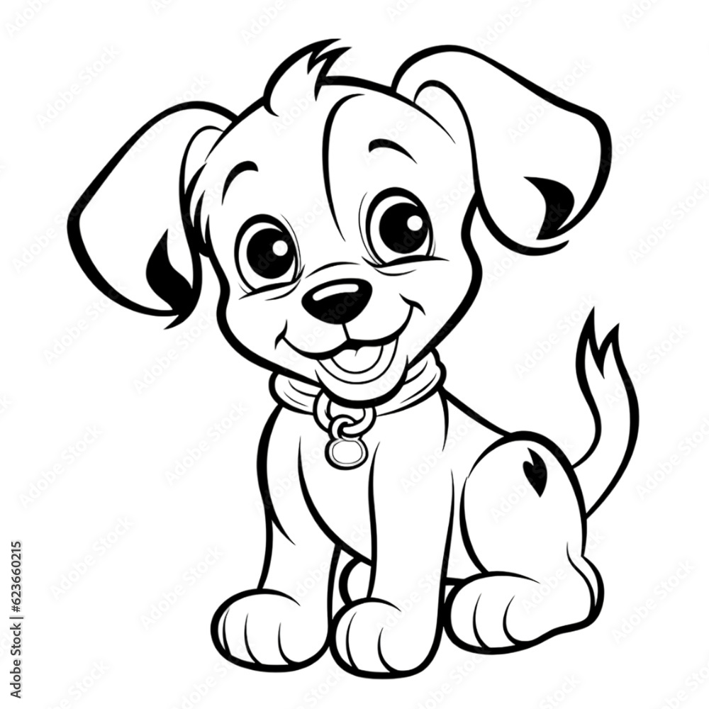 Wall mural coloring page outline of cartoon smiling cute little dog transparent background