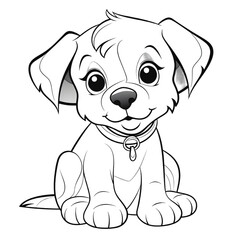 Coloring page outline of cartoon smiling cute little dog transparent background