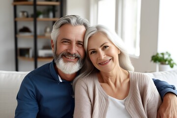 smiling happy mature senior couple sitting together at their home living room