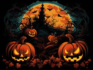 Jack O’ Lanterns pumpkins glowing at spooky mysterious Halloween night. Scary creepy nightmare Halloween concept design. 3D illustration. Generative Ai.