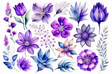 Obraz premium Set flowers and leave painting watercolor floral illustration made with Generative AI