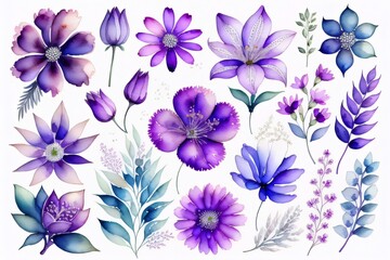 Set flowers and leave painting watercolor floral illustration made with Generative AI