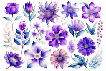 Set flowers and leave painting watercolor floral illustration made with Generative AI