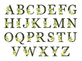 Alphabet with dark green letters decorated with watercolor lemons