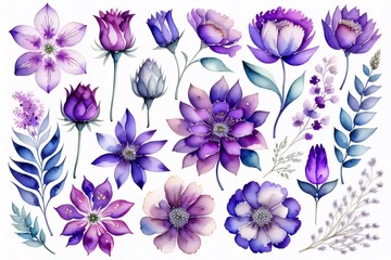 Obraz premium Set flowers and leave painting watercolor floral illustration made with Generative AI