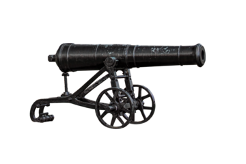 Cutout of an isolated old black cannon side view isolated with the transparent png 