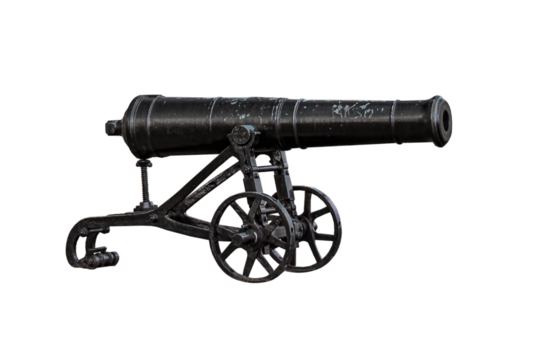 Cutout of an isolated old black cannon side view isolated with the transparent png 