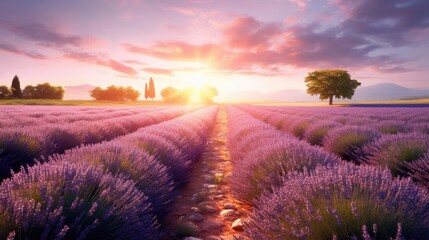 Fototapeta na wymiar Lavender fields, France, at sunrise. Generate Ai