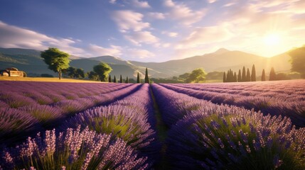 Lavender fields, France, at sunrise. Generate Ai