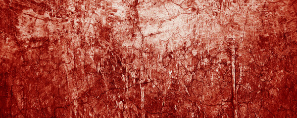 Panoramic red wall grunge texture. Abstract scary concrete, Horror cement for background.