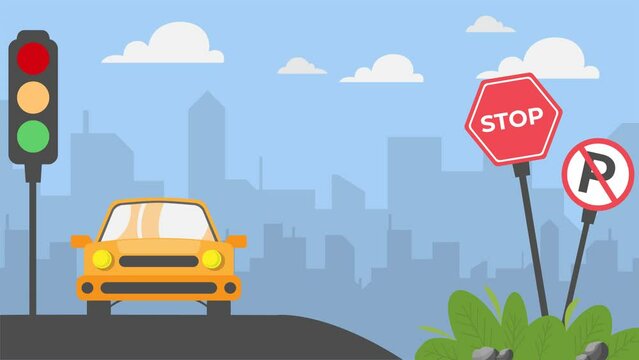 Animated cars moving in the middle of the city with traffic signs. Suitable for the needs of animated video content and explainer videos