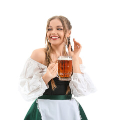 Beautiful Octoberfest waitress with beer on white background