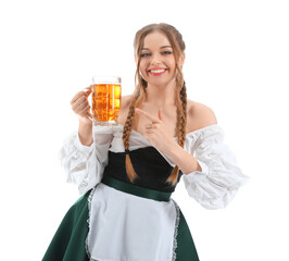 Beautiful Octoberfest waitress pointing at beer on white background