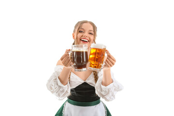 Beautiful Octoberfest waitress with beer on white background