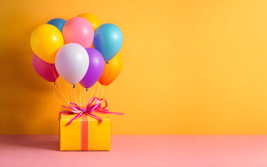 Colourful balloons bunch tied with a gift box on a yellow wall background with copy space