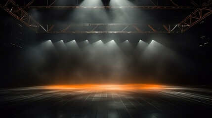 stage and orange smoke night lightning in fog searchlight beams