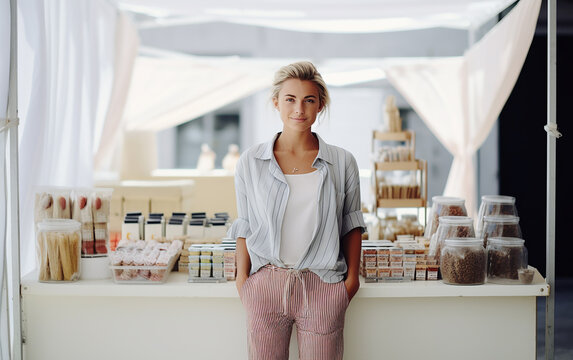 Young woman owner, seller or shop assistant of a pop-up business shop. Generative AI