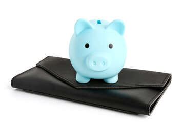 Blue piggy bank with wallet isolated on white background