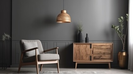 wooden cabinet and armchair on light grey wall captured, Scandinavian style  Created with generative AI