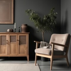 wooden cabinet and armchair on light grey wall captured, Scandinavian style  Created with generative AI