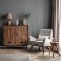 wooden cabinet and armchair on light grey wall captured, Scandinavian style  Created with generative AI