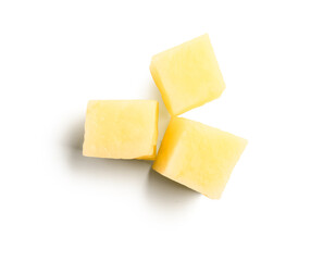 Pieces of raw potato isolated on white background