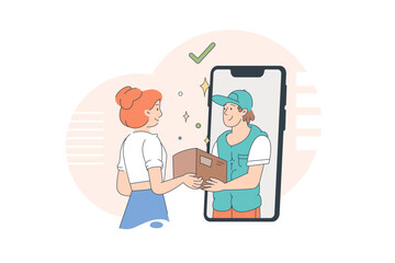 woman receiving parcel from delivery service courier through smart phone