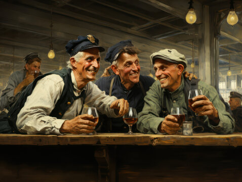 Painting of three old sailors people in a bar