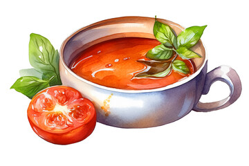 illustration watercolor of tomato soup with basil, on transparent background with png file.