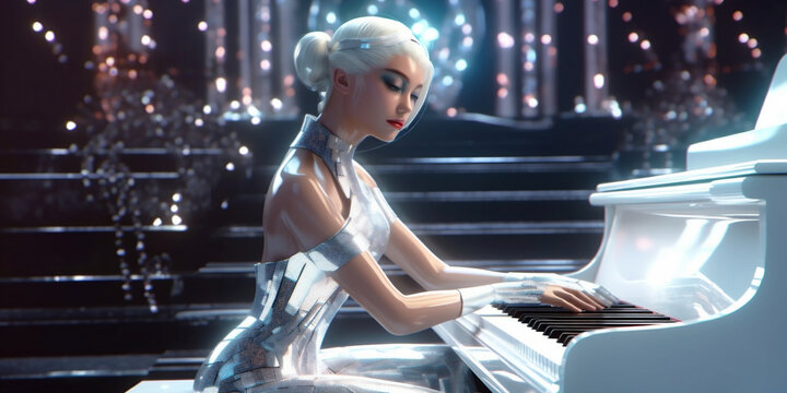 Beautiful woman humanoid android cyborg playing at the piano, in crystals lights scene. Professional pianist using piano keyboard, wearing dress embellished with lace and crystals, AI Generative.