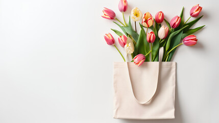 Fototapeta na wymiar Blank shopping canvas tote bag with flowers