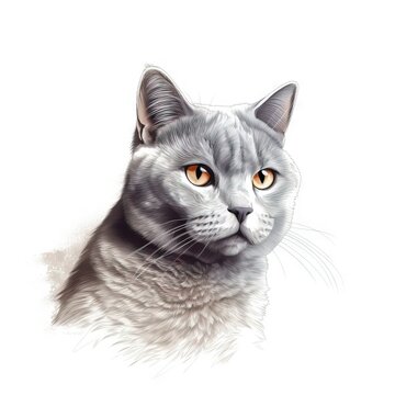  a drawing of a grey cat with orange eyes and a white background is featured in this image of a cat's head with orange eyes.  generative ai