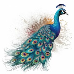  a colorful peacock with feathers spread out on a white background with a splash of paint on the back of its tail and tail feathers are multicolored.  generative ai