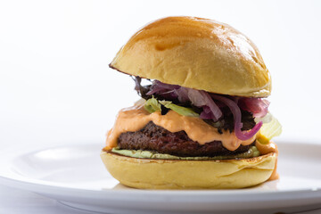 Lanche de hamburguer em um prato branco, com fundo branco