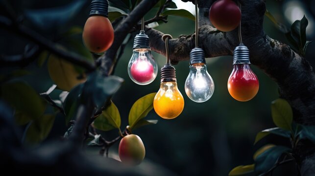  A Group Of Light Bulbs Hanging From A Tree Branch With Fruit Hanging From It's Branches And Leaves Around Them, With A Dark Background Of Green Leaves And Red And Yellow.  Generative Ai