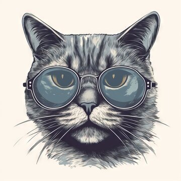  a cat with glasses on its face and a cat's head in the middle of the frame, with a white background and a black and white background.  generative ai