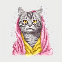  a drawing of a cat wearing a pink and yellow scarf and a yellow hoodie with a yellow eye and yellow eyes and a white background.  generative ai