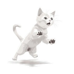  a white kitten is jumping in the air with its paws up and pawing at the camera with a white background and a white background.  generative ai