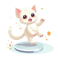  a white kitten is jumping on a white surface with orange spots on it's feet and a blue circle around it's edge.  generative ai