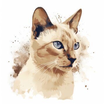  a cat with blue eyes is shown in this watercolor painting style illustration of a cat's face with blue eyes and a black nose.  generative ai