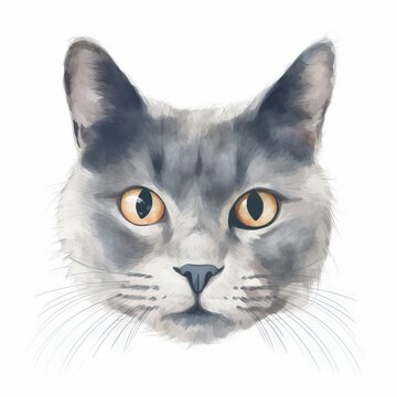  a watercolor painting of a grey cat's face with orange eyes and a black nose, with a white back ground and a white background.  generative ai