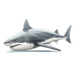  a cartoon shark with a big smile on its face and mouth, standing in front of a white background with a shadow of the shark.  generative ai