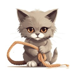  a small gray kitten holding a rope in its paws and looking at the camera with a sad look on its face, on a white background.  generative ai