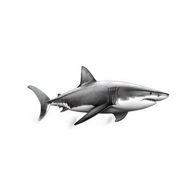  a drawing of a great white shark on a white background with a black and white border to the bottom right of the image and the bottom right side of the image.  generative ai