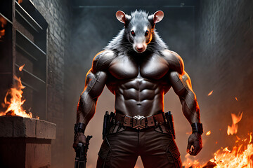 rat man, gun, dark, muscular, standing, 
generative AI