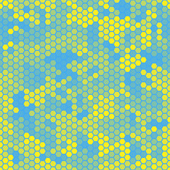 Camouflage seamless pattern with yellow and blue hexagonal geometric camo